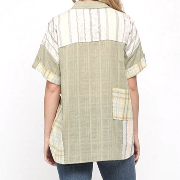 GIGIO Mixed Patchwork Button Down Short Sleeve Shirt Top Size Small Sage Green - Picture 3 of 11